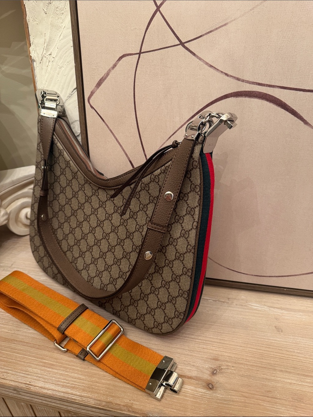 Source Unknown Brown GG Monogram Shoulder Bag with Green-Red Web